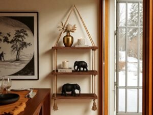 Rustik Halatlı 3 Katlı Ahşap Duvar Rafı – Dekoratif Bohem Raf Modeli - Görsel 2