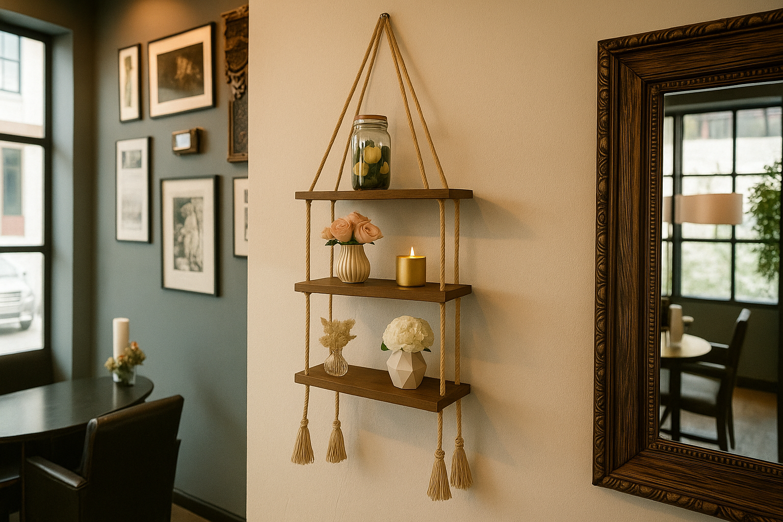 white-Photoroom Rustik Halatlı 3 Katlı Ahşap Duvar Rafı – Dekoratif Bohem Raf Modeli - Görsel 1